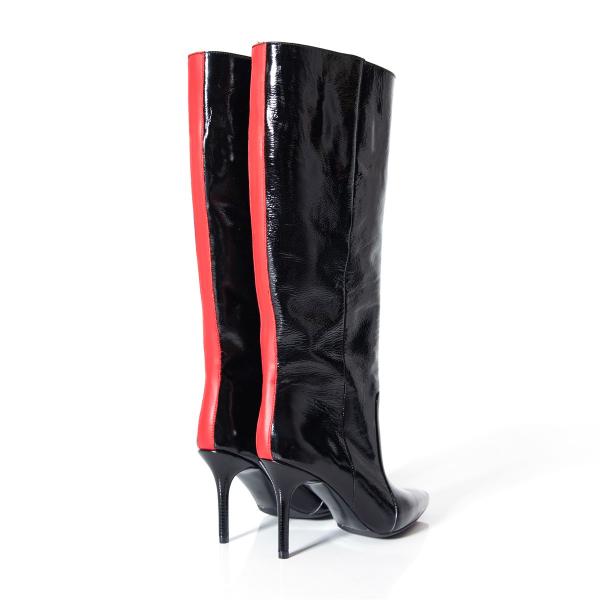 Matraş Kadın Topuklu Rugan Çizme Siyah-Kırmızı 9FF-1447
